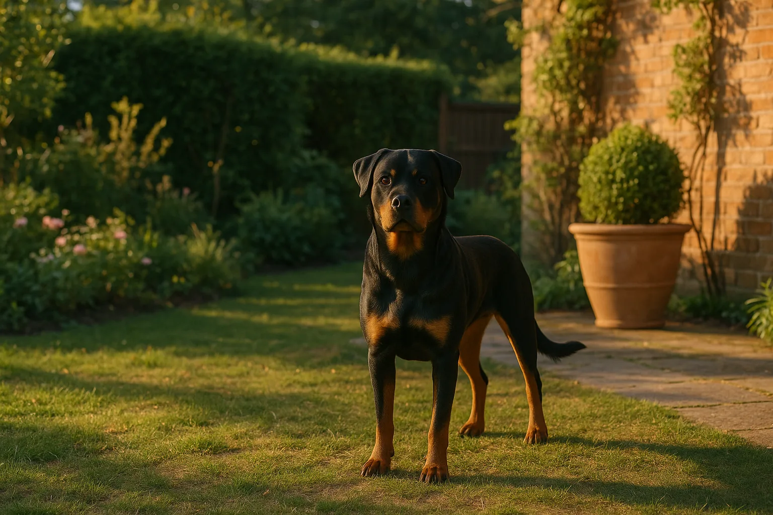 Rottweiler adulto sentado, ejemplar de tenencia responsable