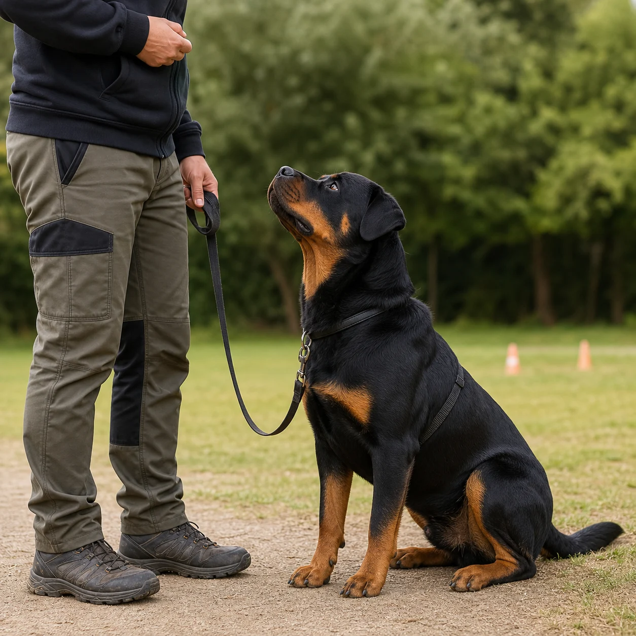 Rottweiler adulto sentado y atento junto a su guía durante una clase de obediencia básica.