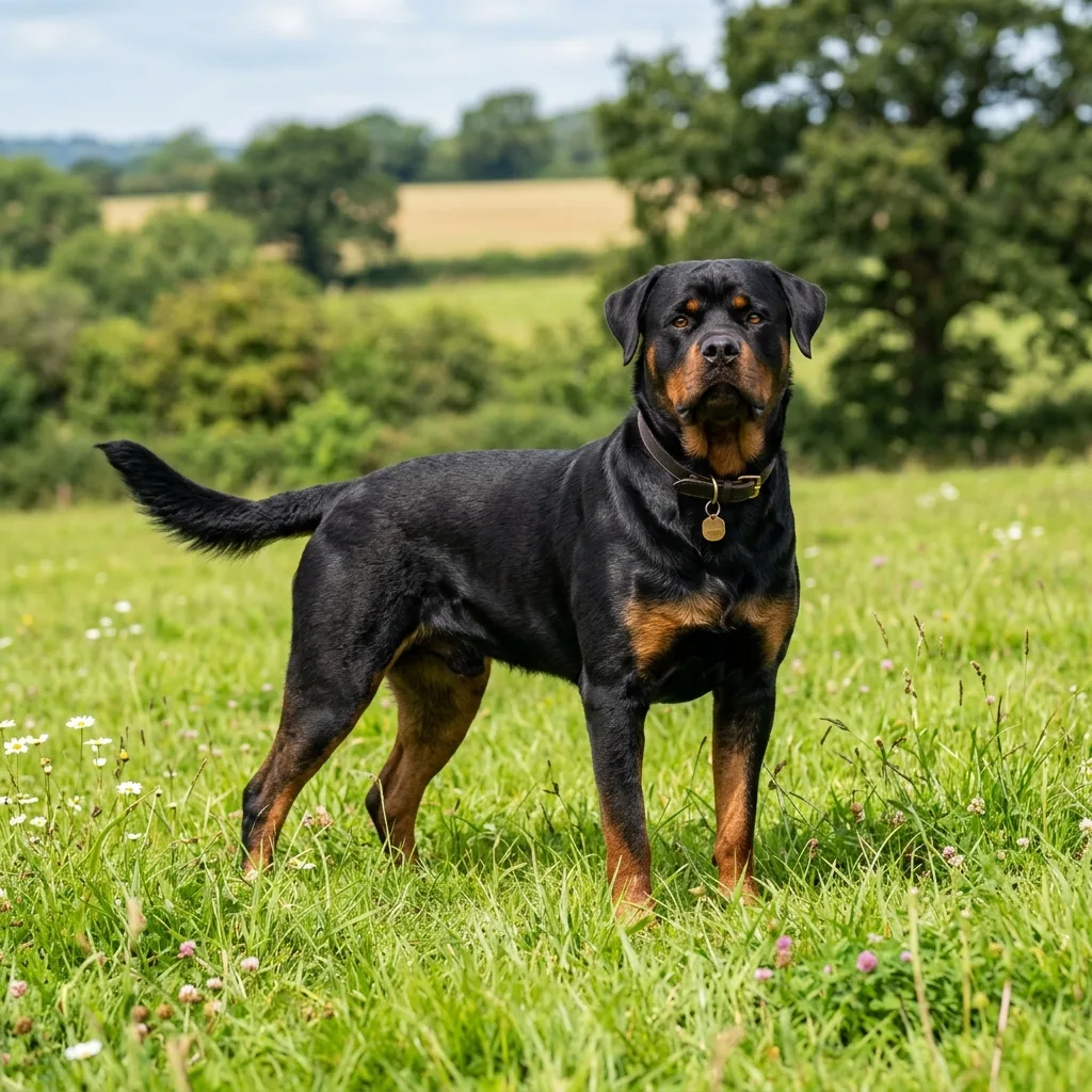 Rottweiler con cola natural larga.