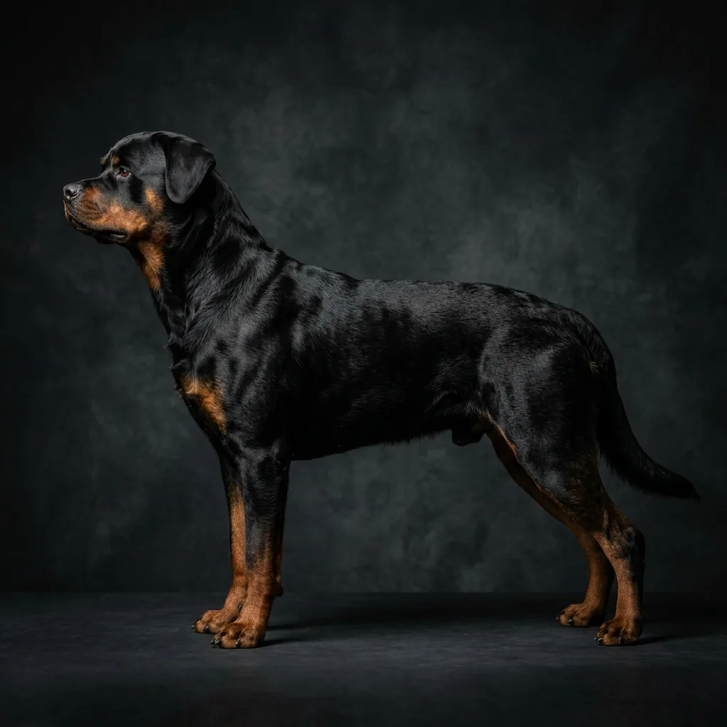 Perfil completo de un Rottweiler en posición de show