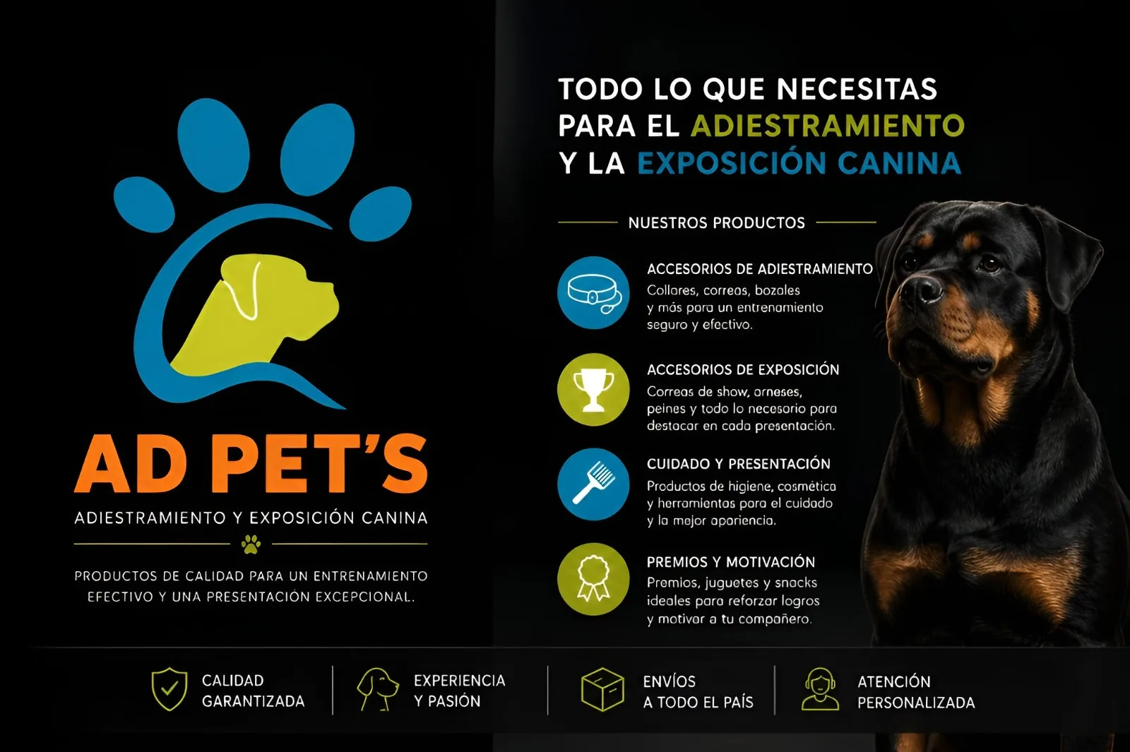 Tienda de accesorios para Rottweiler AD PET'S, adiestramiento y exposición canina